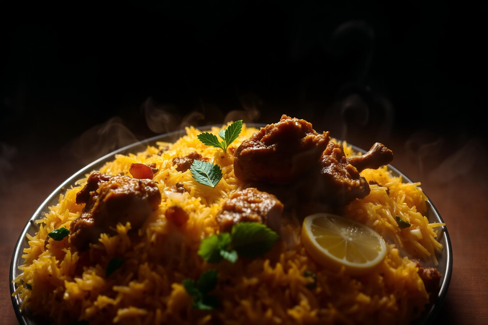 Steaming plate of authentic Chennai dum biriyani at AGN Alfa Biryani Center